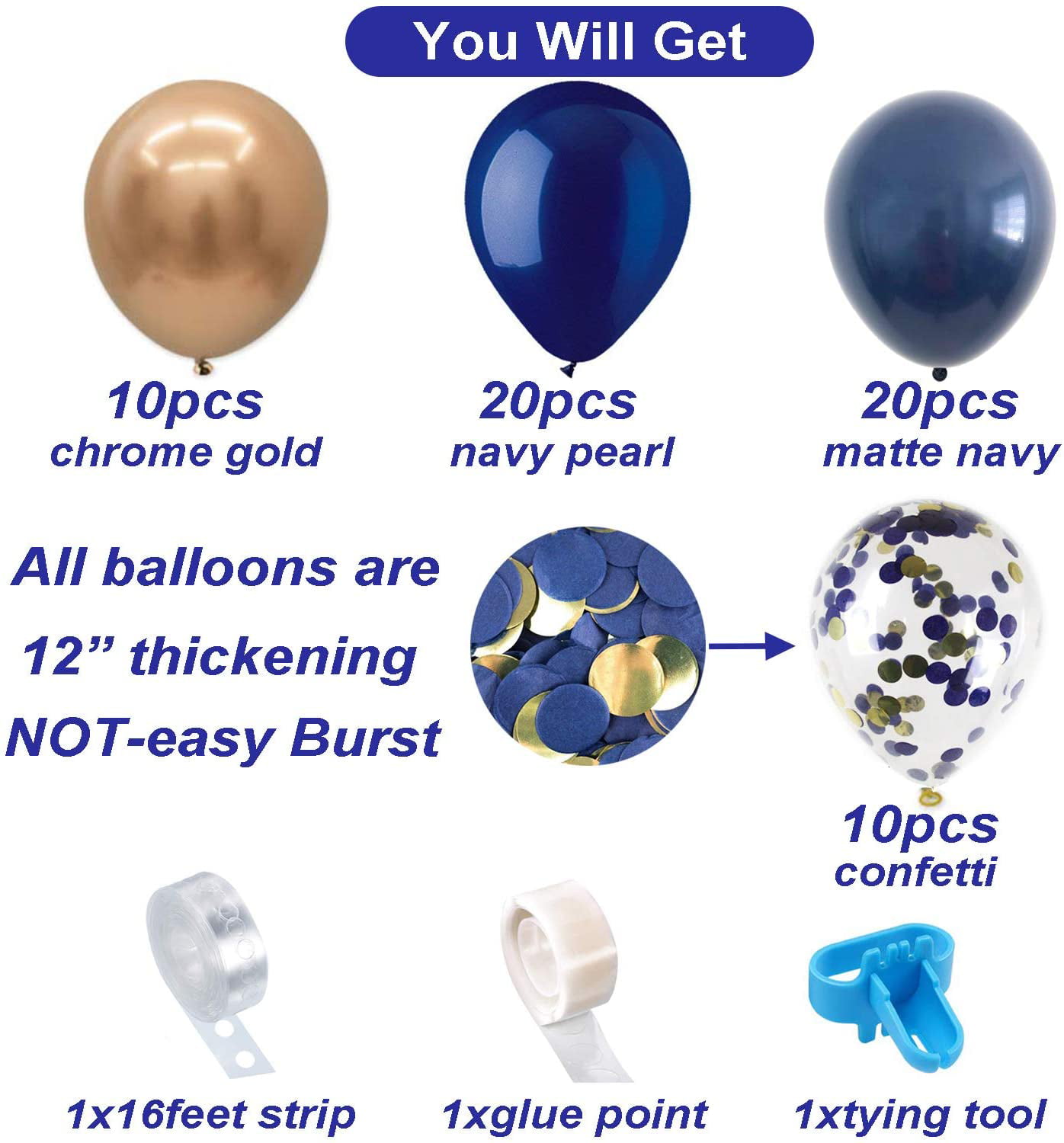 VABAMNA silver navy blue balloon arch kit, 124pcs navy blue silver white  confetti balloons garland and