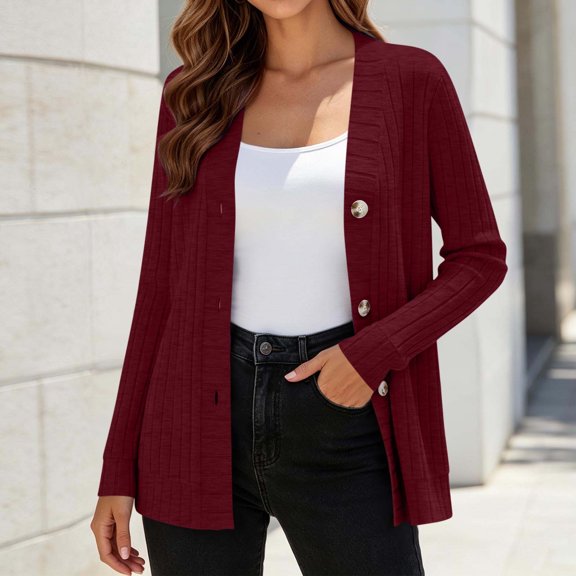 Maqroz Fall Clothes for Women Long Sleeve Button Down Cardigan V Neck Ribbed Knit Sweaters Casual Daily Outerwear Mid Length Layering Coat