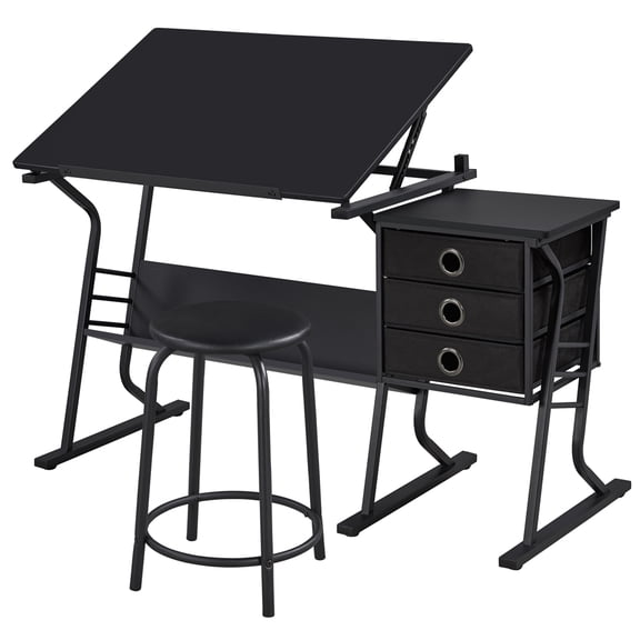 Renwick Adjustable Drafting Table with Storage Drawers and Stool, Black