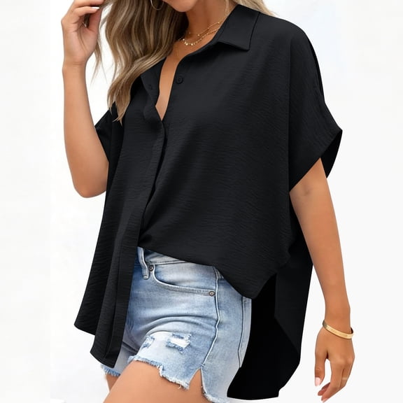 Karymi Short Sleeve Shirts for Women Solid Dolman Short Sleeve Button Down Shirt, Collar Crinkle High Low Curved Hem Blouse, Casual Split Back Vacation Layering Top Summer Tops