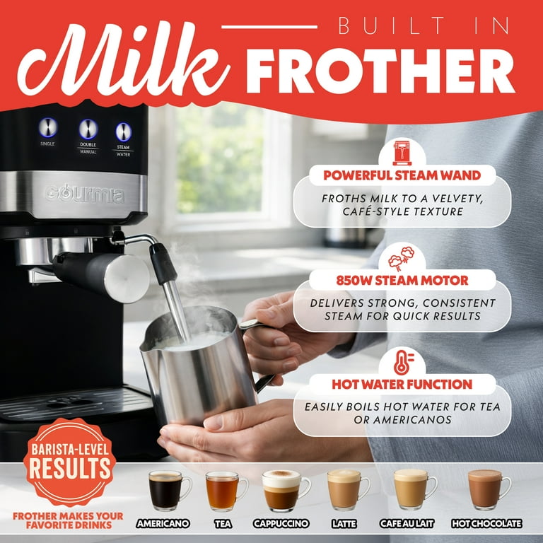 Gourmia 1.2L 15 Bar Espresso Maker with Powerful Frothing Wand