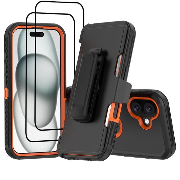 Hotpom Case for iPhone 16 Plus Heavy Duty Shockproof Dustproof Phone Case with Screen Protector Tempered Glass & Belt Clip, Black/ Orange