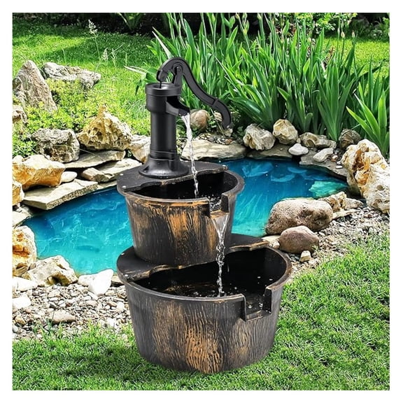 Water Fountain Outdoor Waterfall , 2-Tier 27-Inch and Pump Waterfall Fountain W/Realistic Faux Wood & Pump Head, Garden Fountain for Patio Backyard Decor