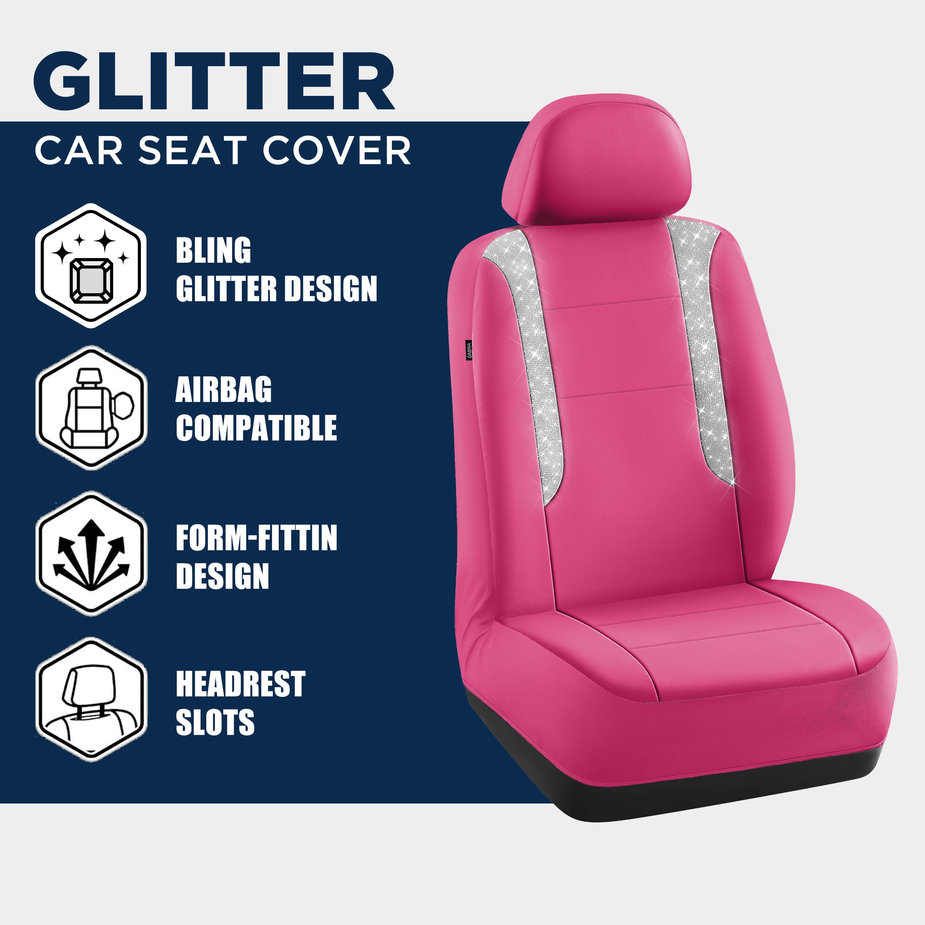 PIC AUTO Car Seat Cover - Sparkly Glitter and Hot Pink Leather, Waterproof Front Seat Covers for Girls & Women, Airbag Compatible, Universal Fit