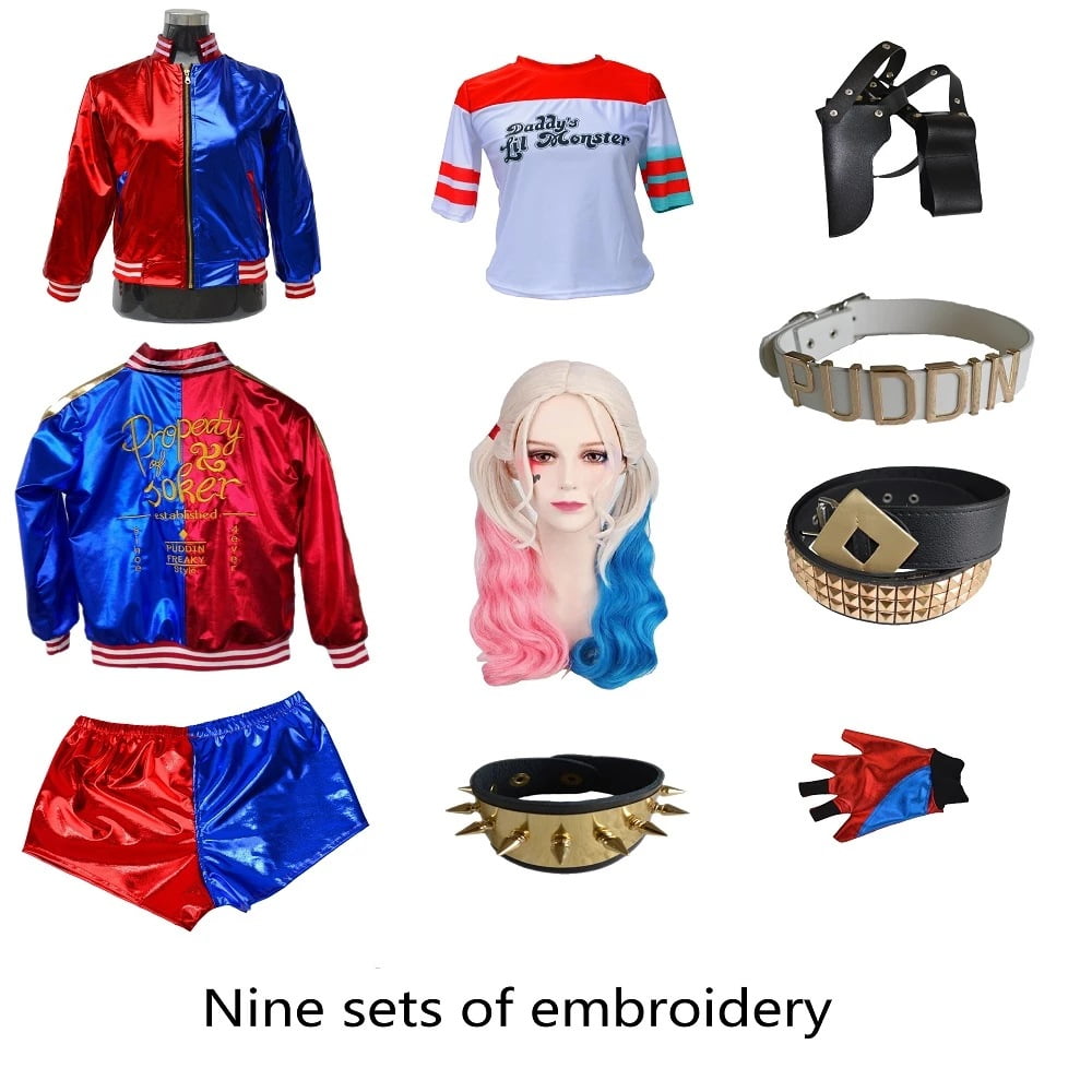 Alaiyaky Harley Donne Cosplay Costume,Suicide Squad Halloween Outfit  Include Giacca,Pantaloncini,T-shirt,Guanti,Collare (XL, Rosso E Blu) :  : Moda