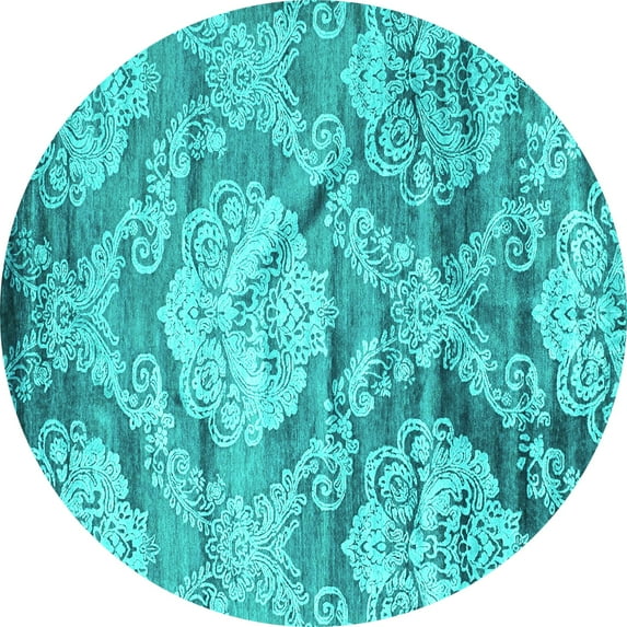 Ahgly Company Machine Washable Indoor Round Abstract Turquoise Blue Contemporary Area Rugs, 3' Round