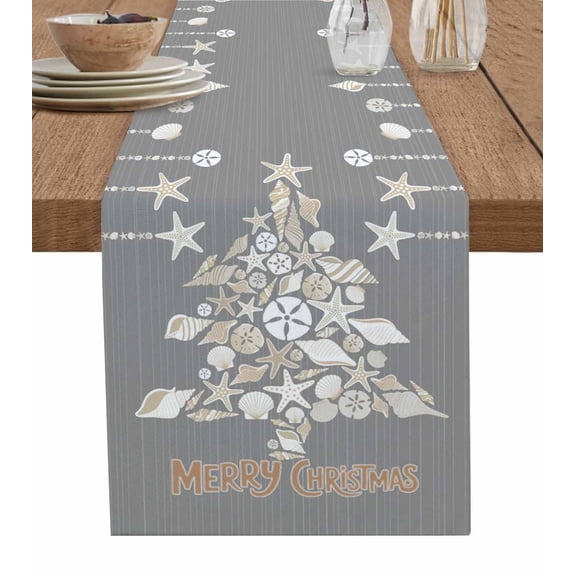 Grey White Coastal Table Runner 70 Inches, Starfish Shell Summer Ocean Bed Runner Dresser Scarves Tabletop for Indoor Outdoor Parties/Ceremony/Banquet, 13" x 70"