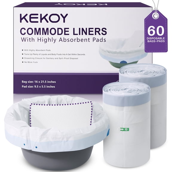 Kekoy Commode Liners with Absorbent Pads 60 Pack, Bedside Commode Liners, Unscented Commode Bags, Disposable Potty Liners Universal Fit for Home & Hospital