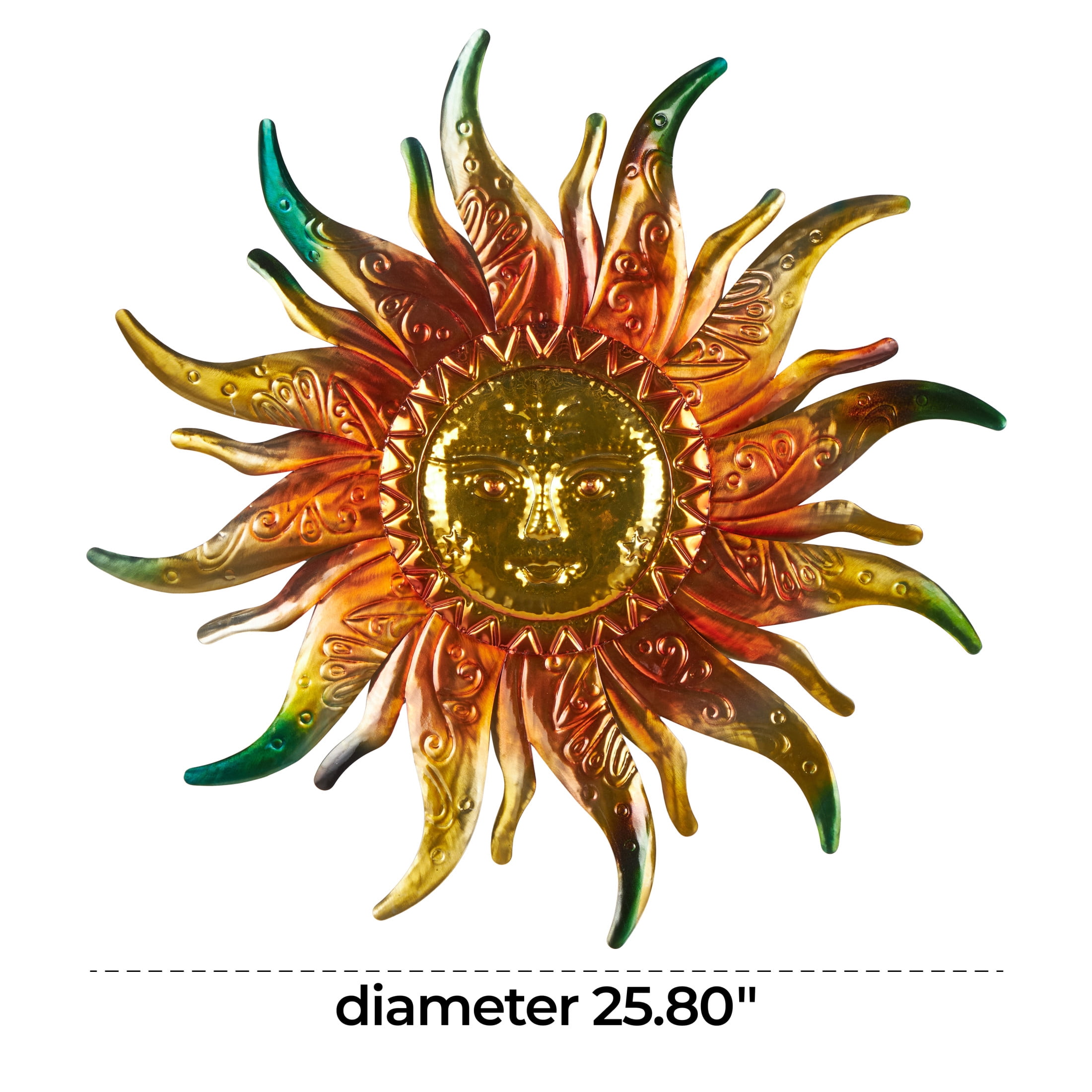 DecMode Gold Stainless Steel Metal Face Sun Wall Decor with Red, Green, and Orange Accents