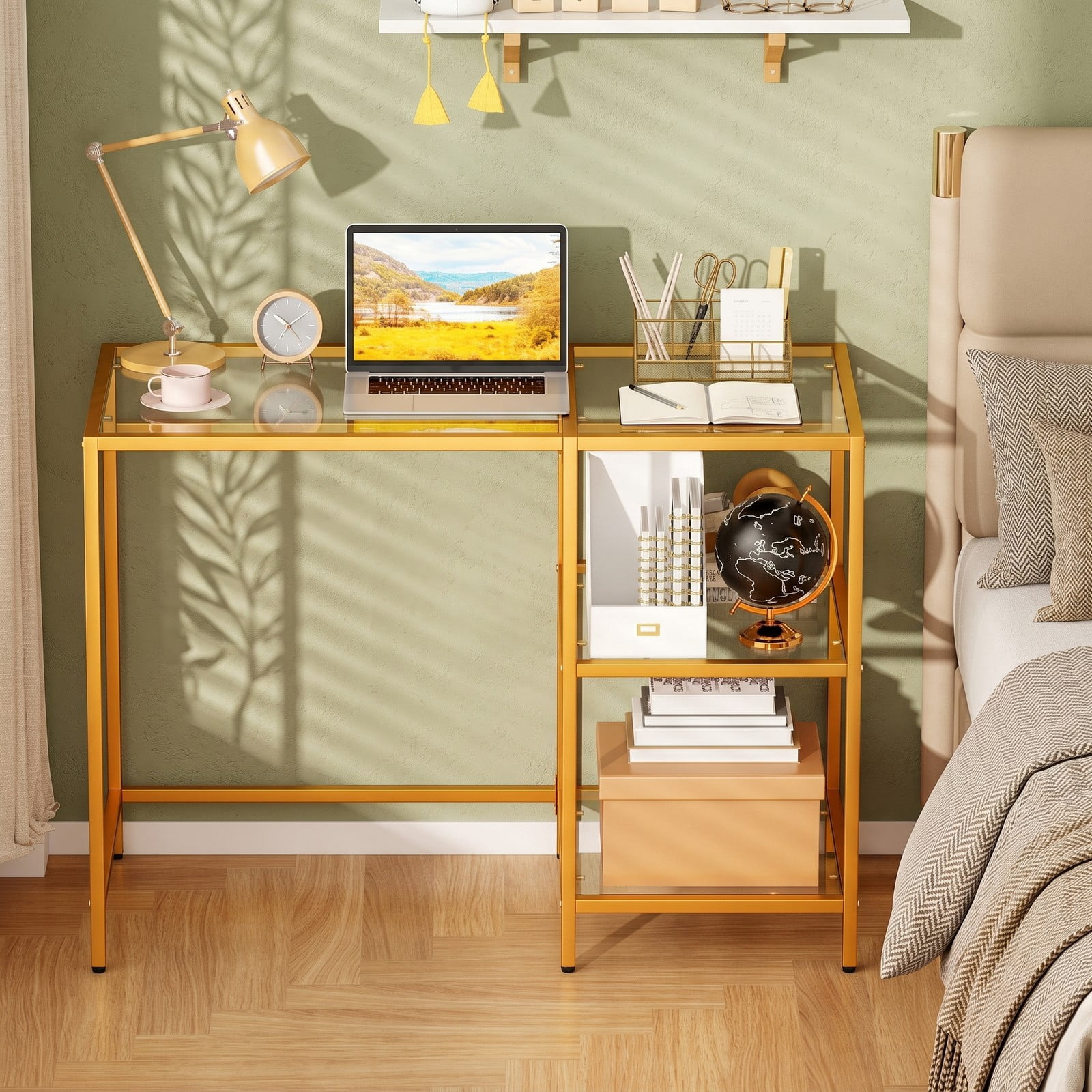 Furnibear Modern Console Table with Tempered Glass Top and 2 Open Shelves and Rust-Resistant Metal Frame for Entryway, Golden