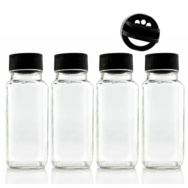French Square Spice Jars, Spice Shaker/Pourer with Lid, 8oz, (4 Pack