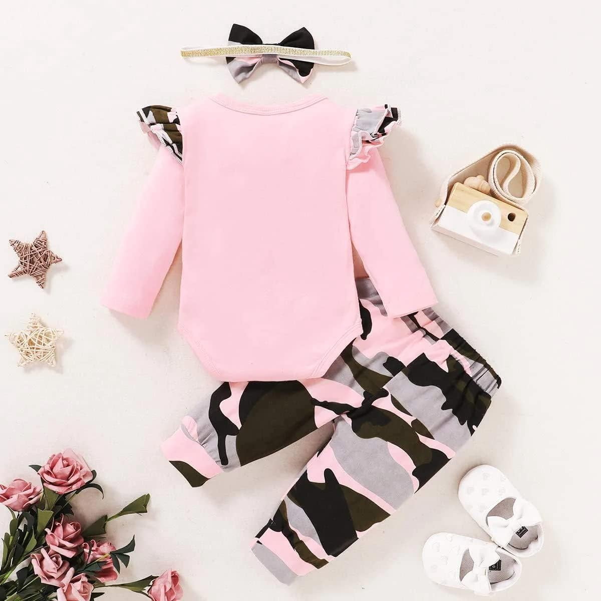 SUCS Newborn Baby Girl Clothes Infant Girl Outfits Long Sleeve Ruffle Romper  Floral Pants Headband Set