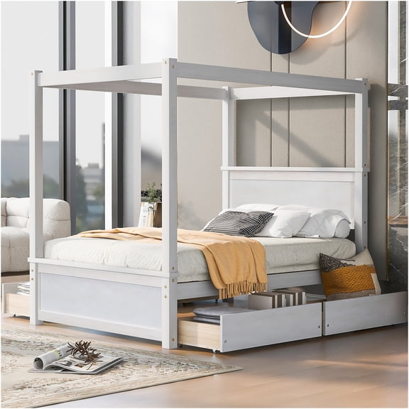 JERFIT Full Size Canopy Bed Frame with Storage Drawers, No Box Spring Needed Platform Bed, Brushed White Finish
