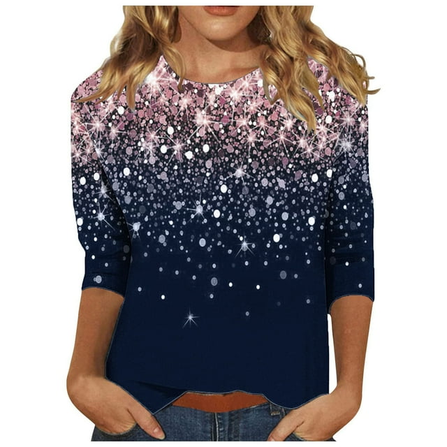Bowake Chemises à Manches 3/4 Scintillantes pour Femmes Col Rond Décontracté Été Hauts Scintillants Blouses de Soirée pour Sorties