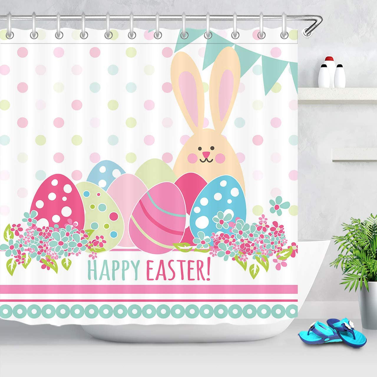 Custom Easter Eggs Happy Easter Rabbit Custom Waterproof Fabric Shower Curtain Bathroom Decor 72x72 inch
