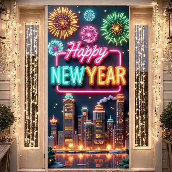 Neon Light Happy New Year Banner Colorful Fireworks New Year Display City Skyline Festive Design Holiday Backdrop for New Year Party Holiday Celebration Indoor Decoration