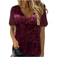 thumbnail image 2 of Laqbezok Women V-Neck Sequin Sparkly Velvet Short Puff Sleeve Party Top Fashion Sparkle Outfit, 2 of 6