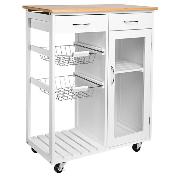 Rolling Kitchen Island Cart, Bar Serving Utility Trollery Cart with Wood Top, 2 Pull Out Baskets and 2 Drawers for Home Dining