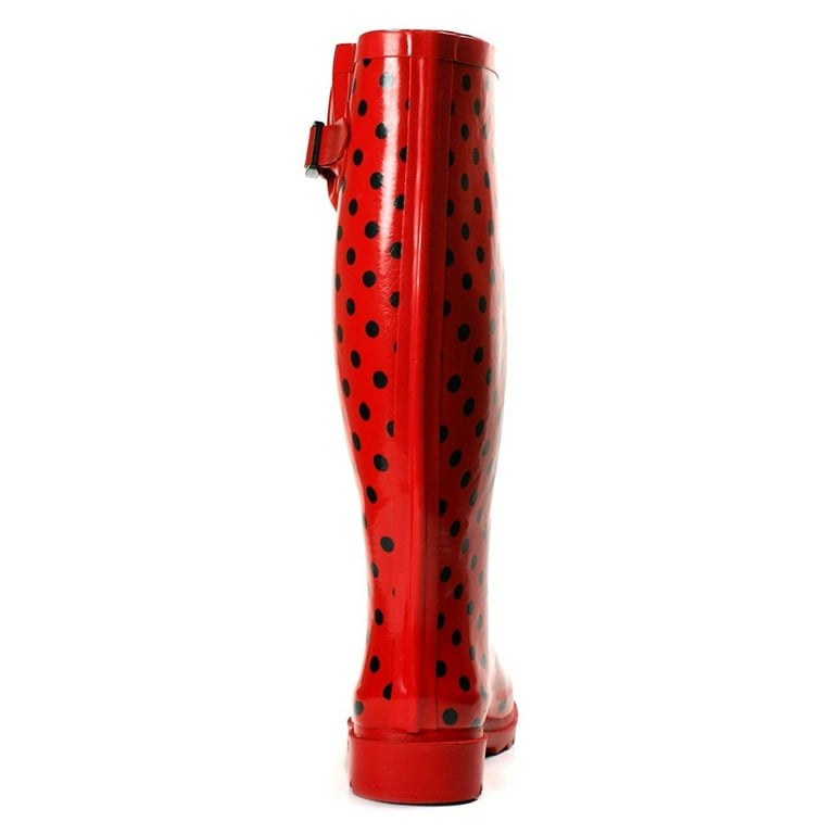 Ownshoe Women Rubber Red Polka Dots Mid Calf Wellies Color Dots