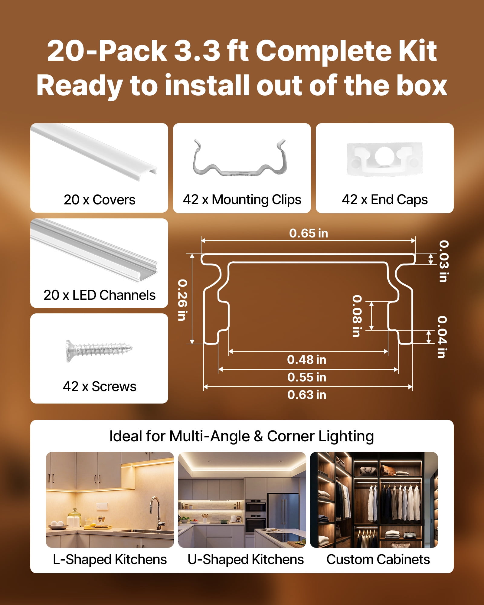 VEVOR 20-Pack 3.3 ft/1M U Shape LED Aluminum Channel, with Milky Cover, End Caps and Mounting Clips, Aluminum Profile for LED Strip Light Installations, Easy Installation, for Under Cabinet Counter