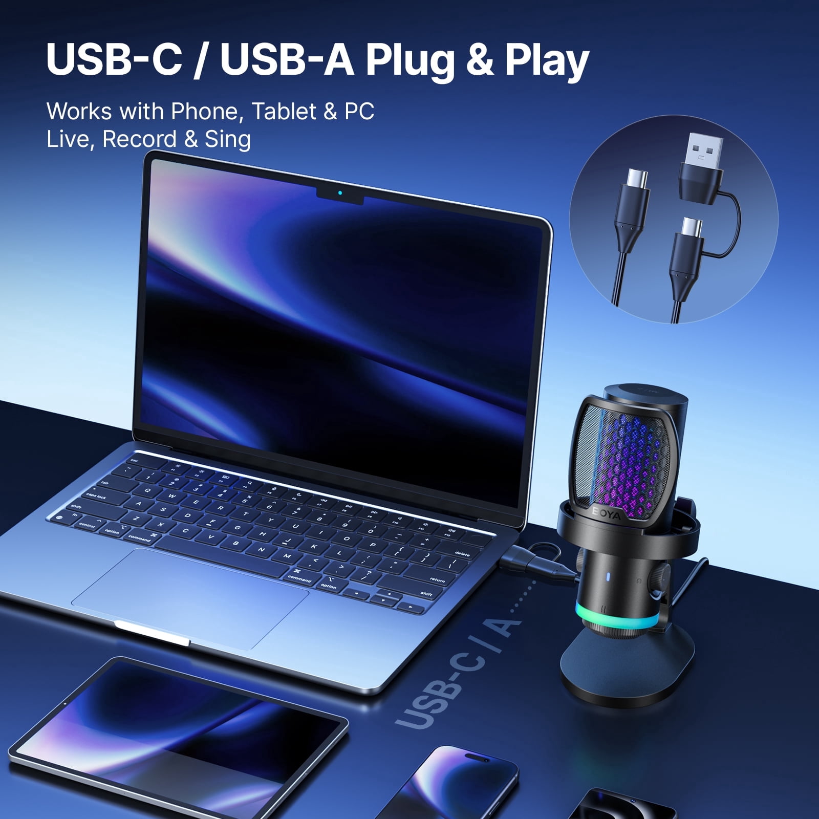 BOYA USB Gaming Microphone for PC, Mac, Phone, Streaming, Built-in DSP Quadruple Noise Reduction, CD Sound Quality, 9 RGB, (Desktop Stand)