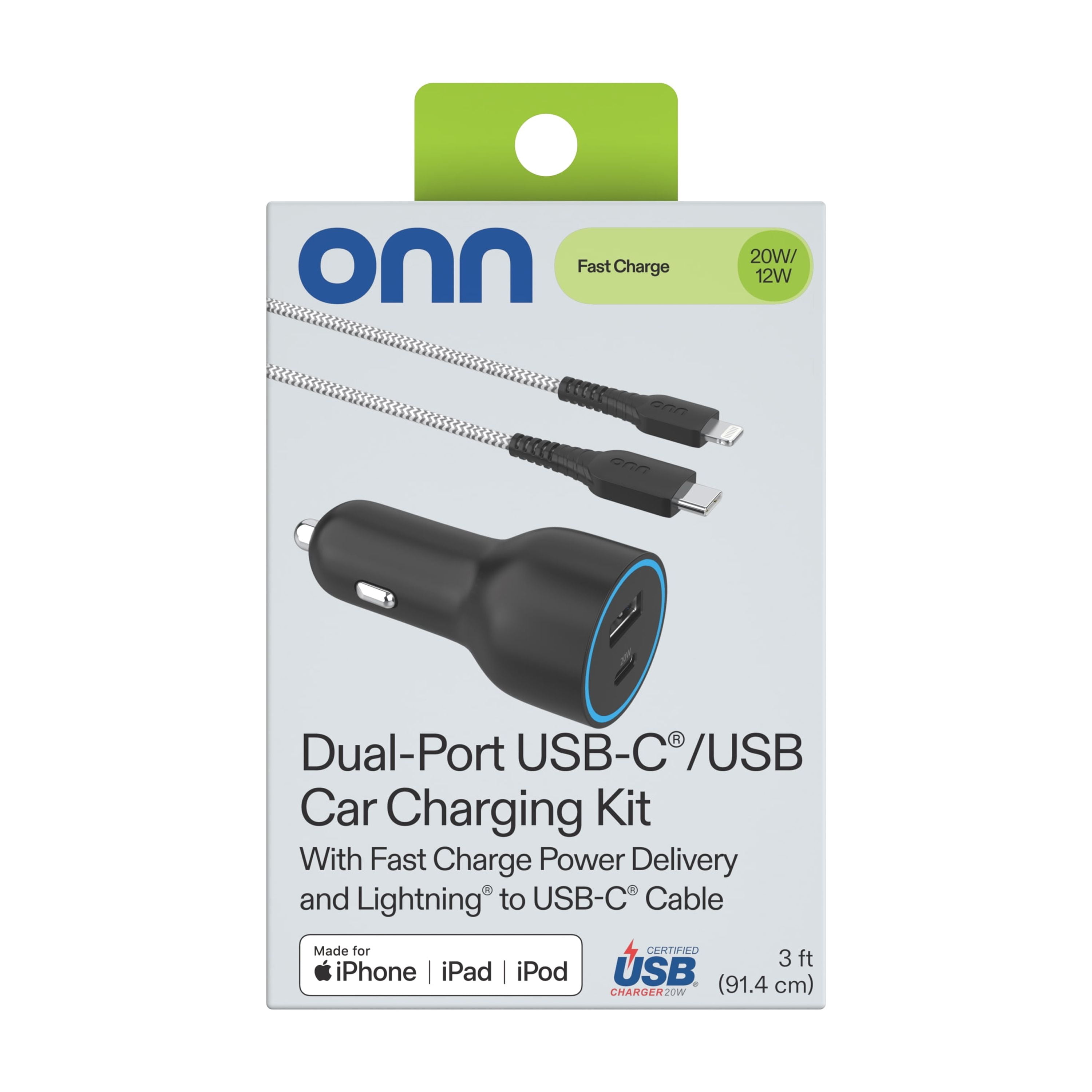 onn 32W Dual USB-C and USB-A Port Car Charger With 3ft C-Lighting Cable ,MFI & USB-IF Certified, Black - Compatible with iPhone 14/13/12/11/X/XR/XS/8/7/6/5, iPad, Airpods and more