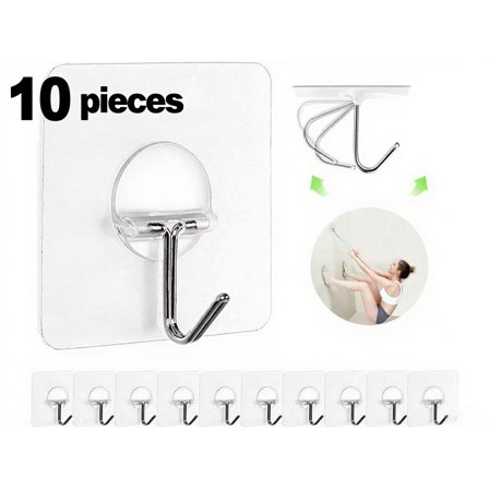 Self-Adhesive Hooks, Heavy Duty Transparent Wall Hooks for Towel, Coat, Keys, Bathroom, Kitchen, Door - 10 Pack