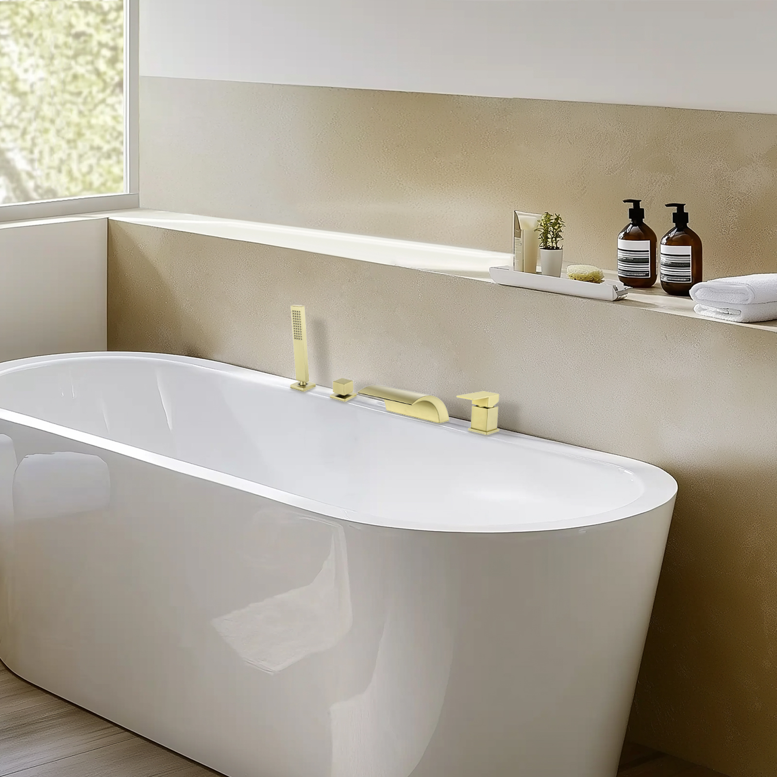 Cobbe Single Handle Bathroom Bathtub Faucet with 7.09-Inch Wide Waterfall Spout and Handheld Shower 4-Hole Mount Brushed Gold