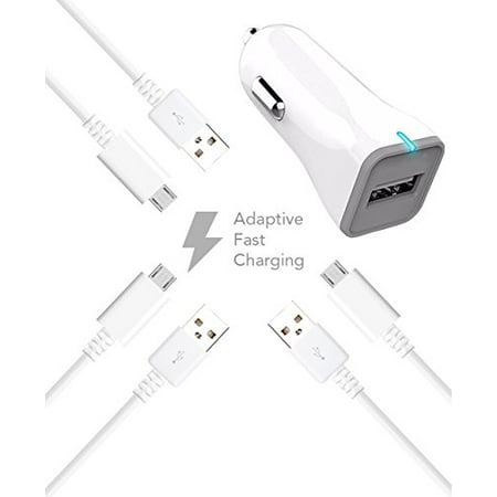 Samsung Galaxy J Charger Micro USB 2.0 Cable Kit by TruWire { Car Charger + 3 Micro USB Cable} True Digital Adaptive Fast Charging uses dual voltages for up to 50% faster charging!