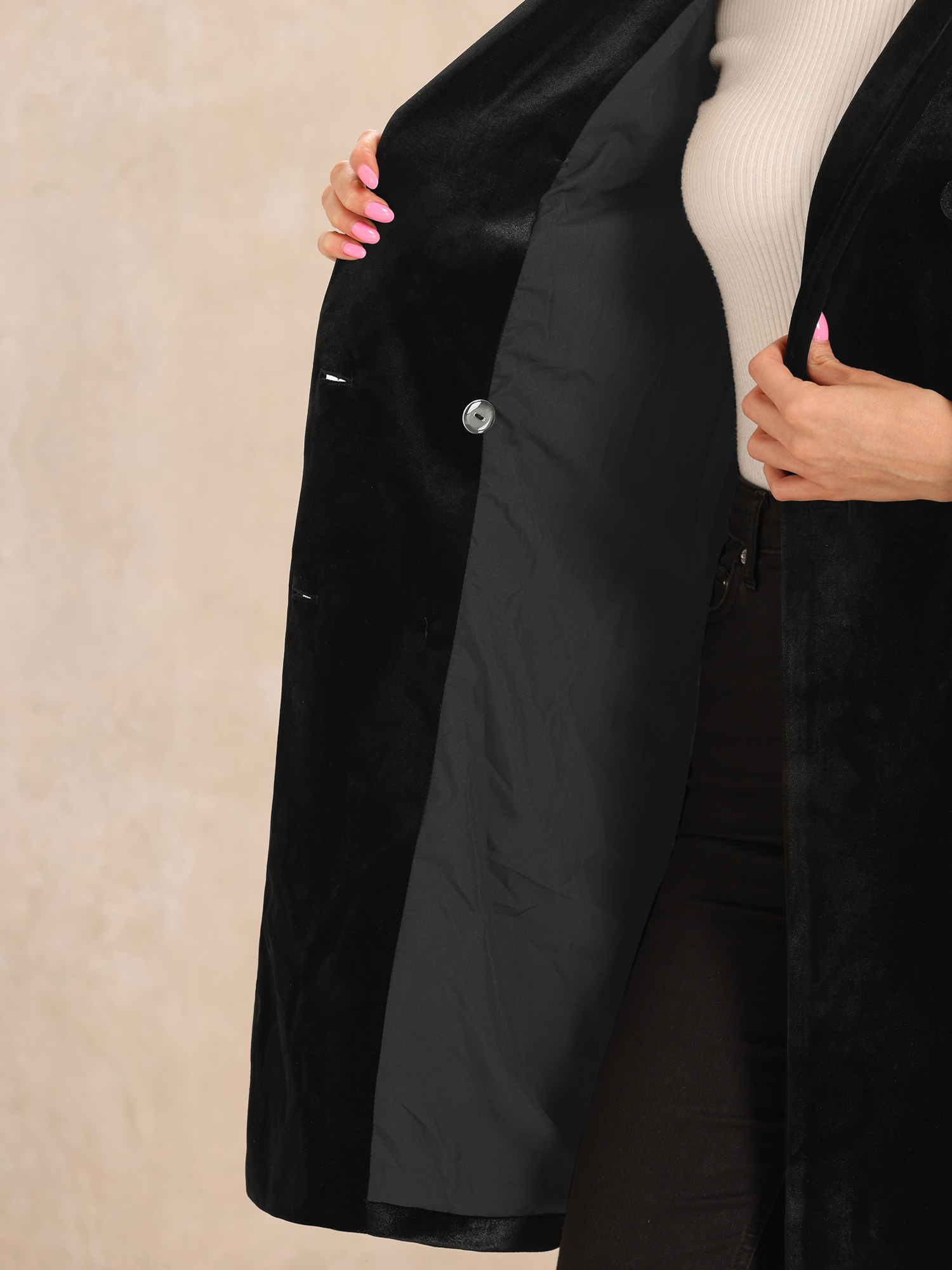 DARING DIVA Women's Velvet Lapel Double-Breasted Long Outerwear Winter Coats XS Black