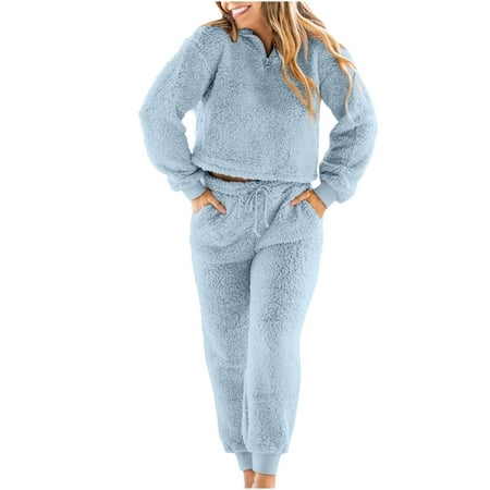 

RQYYD Women s 2 Piece Plush Fleece Pajama Set Long Sleeve Tops Pants Zipper Sweatsuit Set Warm Loungewear Sleepwear on Clearance (Blue XXL)
