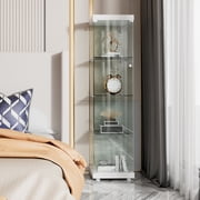 Single Glass Door 65.4 Glass Display Cabinet with Metal Lock, 5mm Tempered 4-Shelf Glass Curio Cabinets, Floor Mount Bookshelf Display Case Trophy Case for Living Room Bedroom Kitchen, Upgraded White