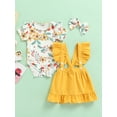 thumbnail image 2 of TSEXIEFOOFU Infant Girls 3PCS Romper Suit, Floral Short Sleeve Snap Romper, Plain Ruffle Suspender Pleated Short Skirt, Bow Headband Set, 2 of 8