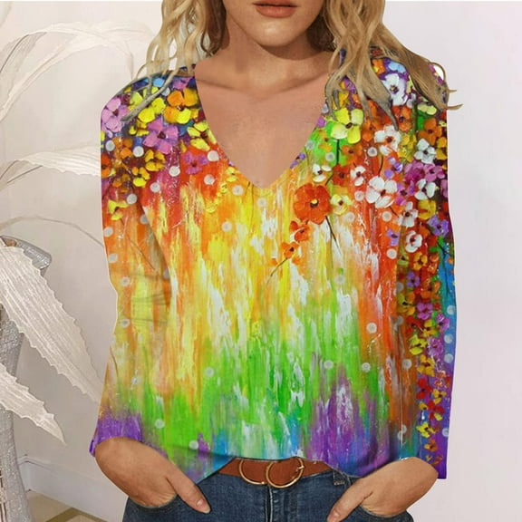 Aloohaidyvio Tops and Blouses ,Womens Casual Tops Loose V-Neck Tie-Dye Printing Long Sleeve T-Shirt