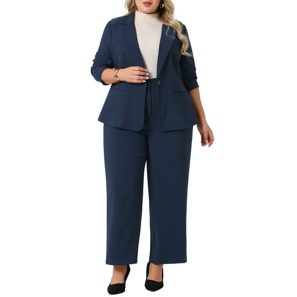 Plus Size Suit Two Piece Outfits for Women Business Office Blazer Jacket and Pants Suit Set 3X Dark Blue