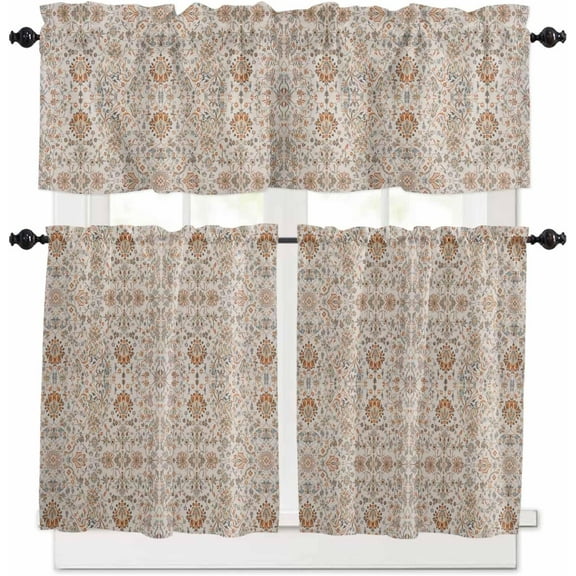 Rustic Printed Boho Kitchen Curtains and Valances Set, Rod Pocket Curtains Tier Farmhouse Window Curtains 36 Inch Length, Vintage Mandala Tribal Geometric 3 Piece Kitchen Curtains Set
