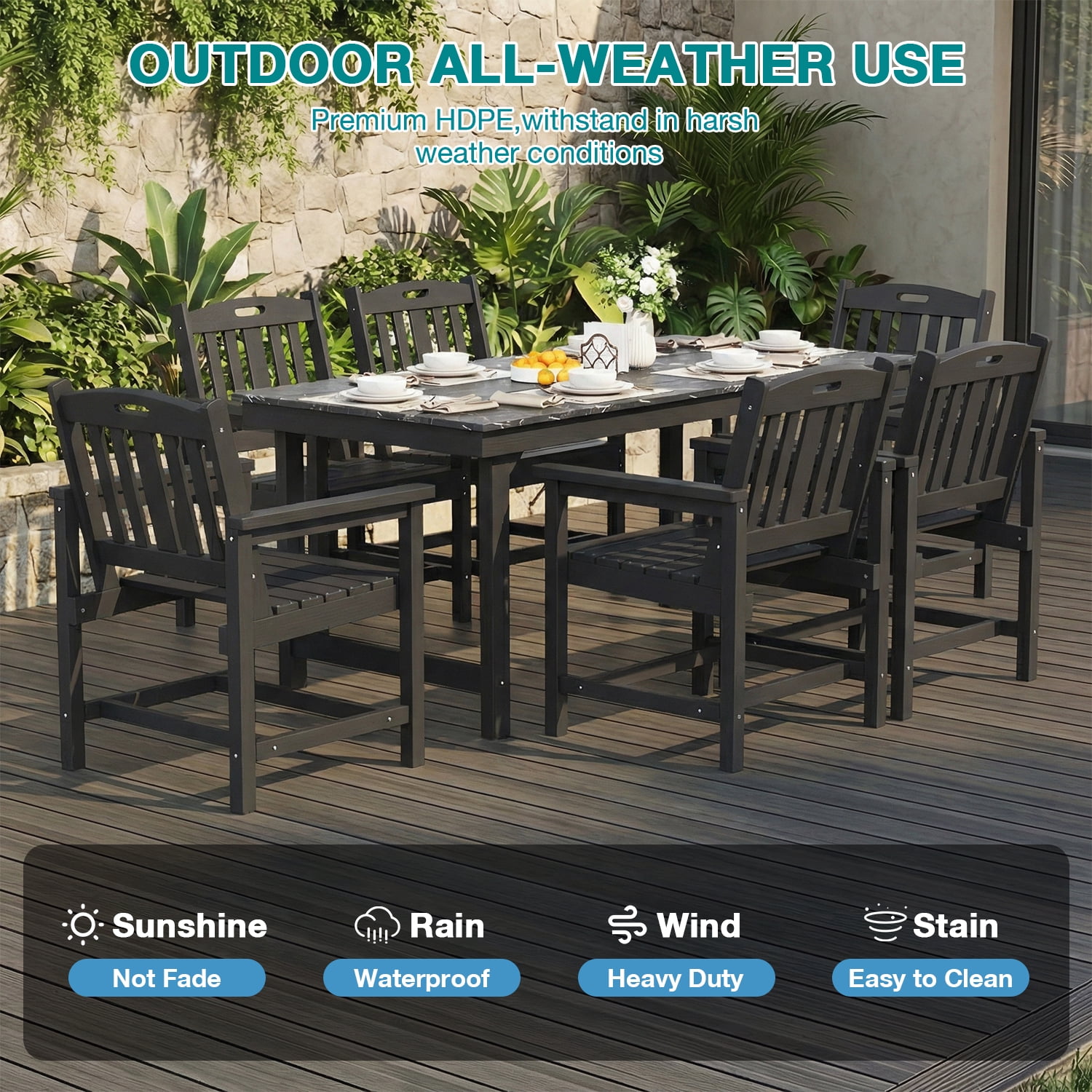 Erinnyees 7-Piece HDPE Outdoor Dining Set, 66.9" Marble Texture Patio Table with Umbrella Hole, and 6 All-Weather Chairs for Yard Deck Porch, Black