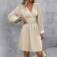 thumbnail image 2 of WTOBBY Women's Fashionable Solid Color V-Neck Long Sleeve Pleated Versatile Dress Lantern Sleeve Detail for Unique Style Flowy Pleats for Movement Wardrobe Essential,Khaki S, 2 of 8