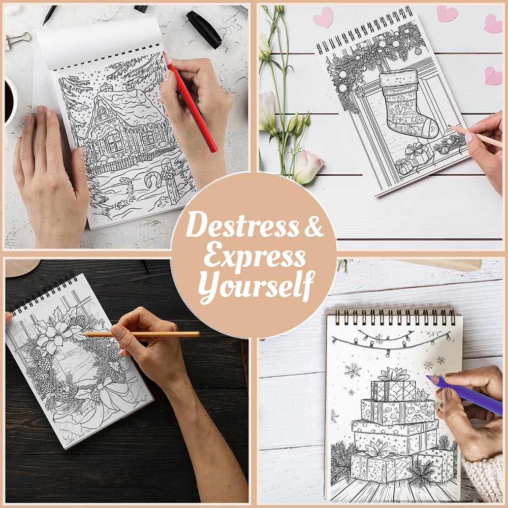 Netecom Creative Christmas Coloring Book Spiral Bound for Adults, A5 Wooden Cover, 30 Delightful Coloring Pages of Holiday Scenes for Stress Relief and Relaxation