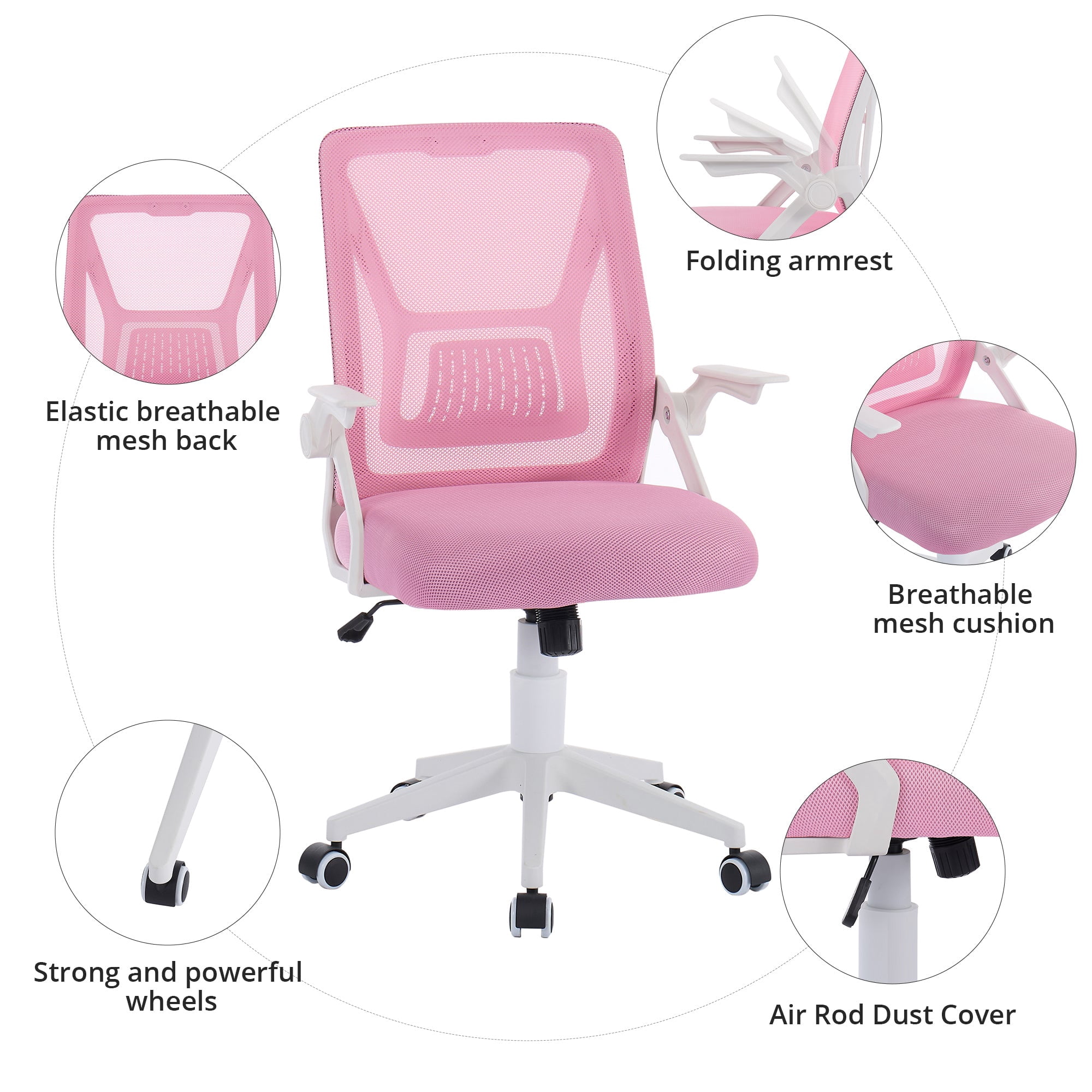 VECELO Mid-Back Swivel Adjustable Ergonomic Office Chair, Mesh Lumbar Support and Adjustable Arms Task Chair for Computer, Pink