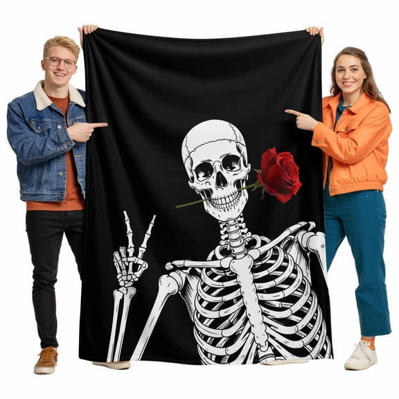 Red Rose Skull Flannel Blanket for Bed,Travel and Camping, Funny Skeleton Black Halloween Abstract Super Soft Cozy Blanket for All Seasons 50"x60"