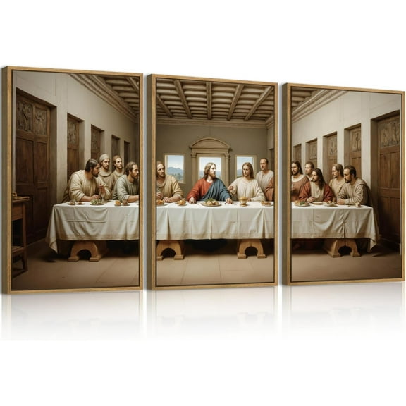 FCCUYE Jesus Wall Art 16x24 Inch Jesus Feeds The 5000 Canvas Wall Art Set of 3 Framed Christian Wall Decor Modern Abstract Art Print for Living Room Bedroom Office