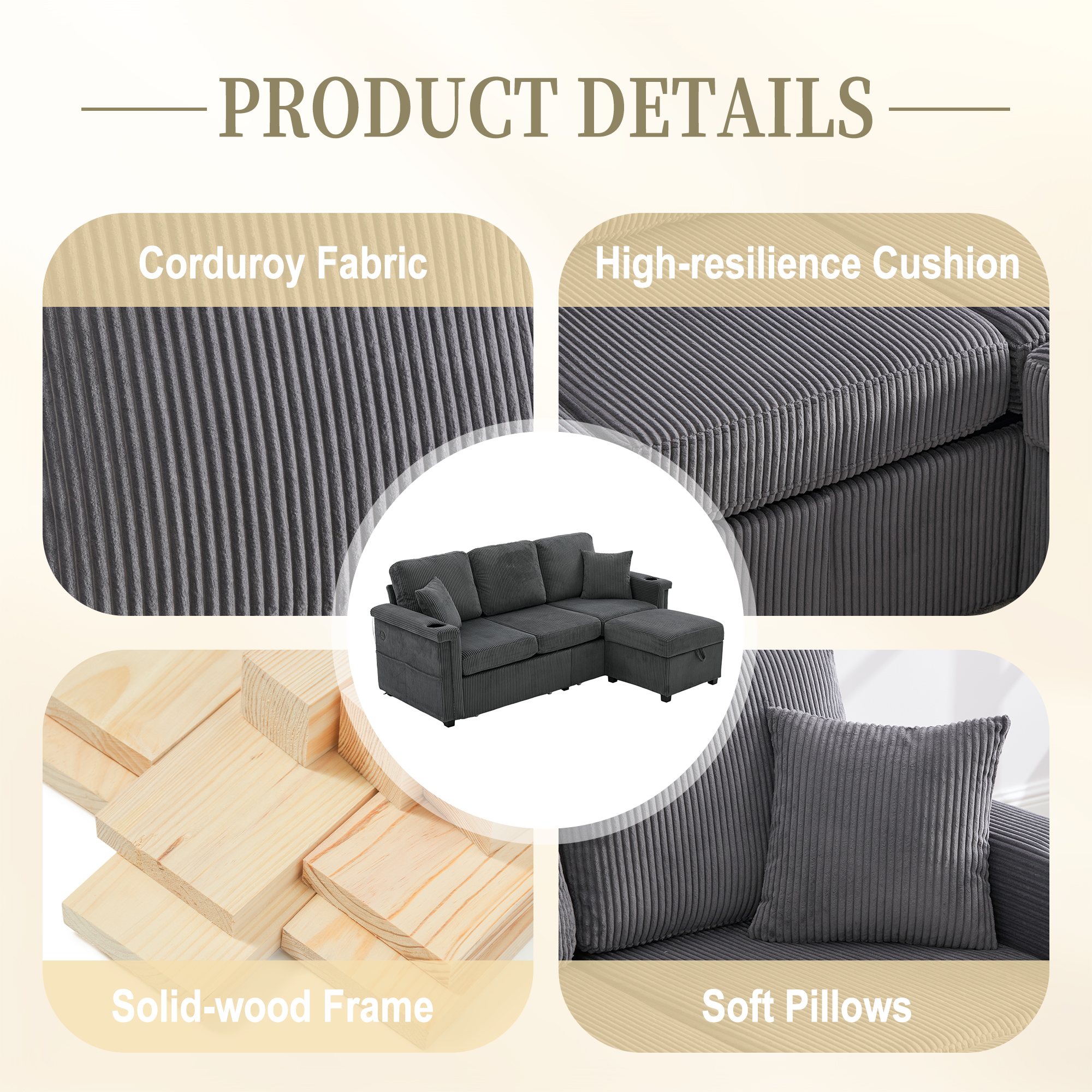 MOONMISS Corduroy Upholstered L-shaped Pull-Out Storage Sectional Sofa with Storage Ottoman,USB Charging,Cup Holder-Gray