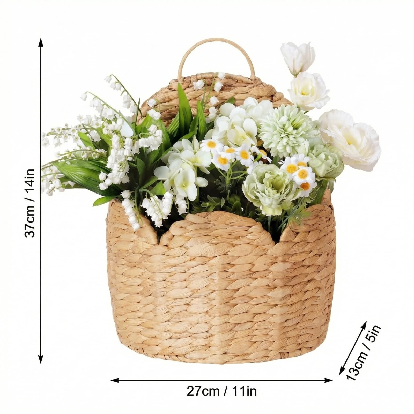 Scalloped Wall Hanging Baskets Scalloped Edge Hanging Planter Basket Water Hyacinth Woven Wall Baskets, Hand Wicker Woven Plastic Rattan Craft for Front Door