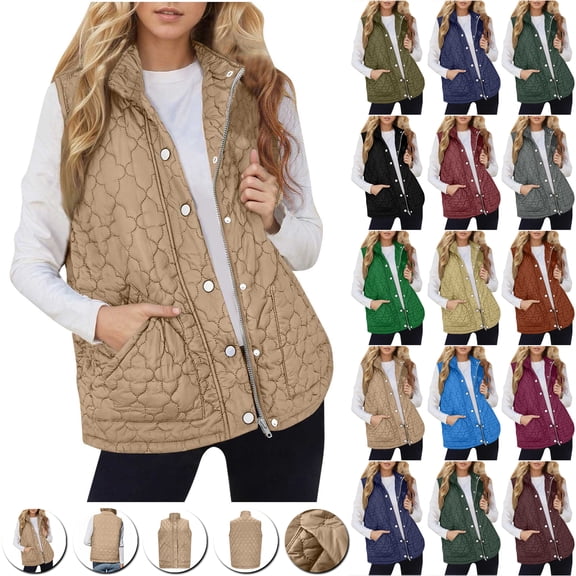 Otntypg Winter Womens Puffer Vest Zipper Sleeveless Jackets Lightweight Button Down Vests Thick Warm Fall Outwear Jacket Coat with Pocket