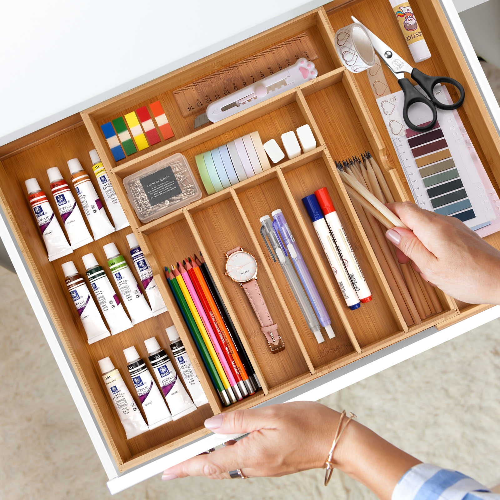 Adjustable Bamboo Flatware Organizer, Expandable Kitchen Utensils Drawer Organizer