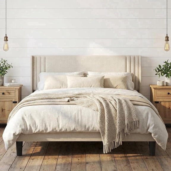 Gizoon Queen Bed Frame with Wingback Headboard, Upholstered Platform Bed with Wooden Slats, Noise-Free, No Box Spring Needed, Beige