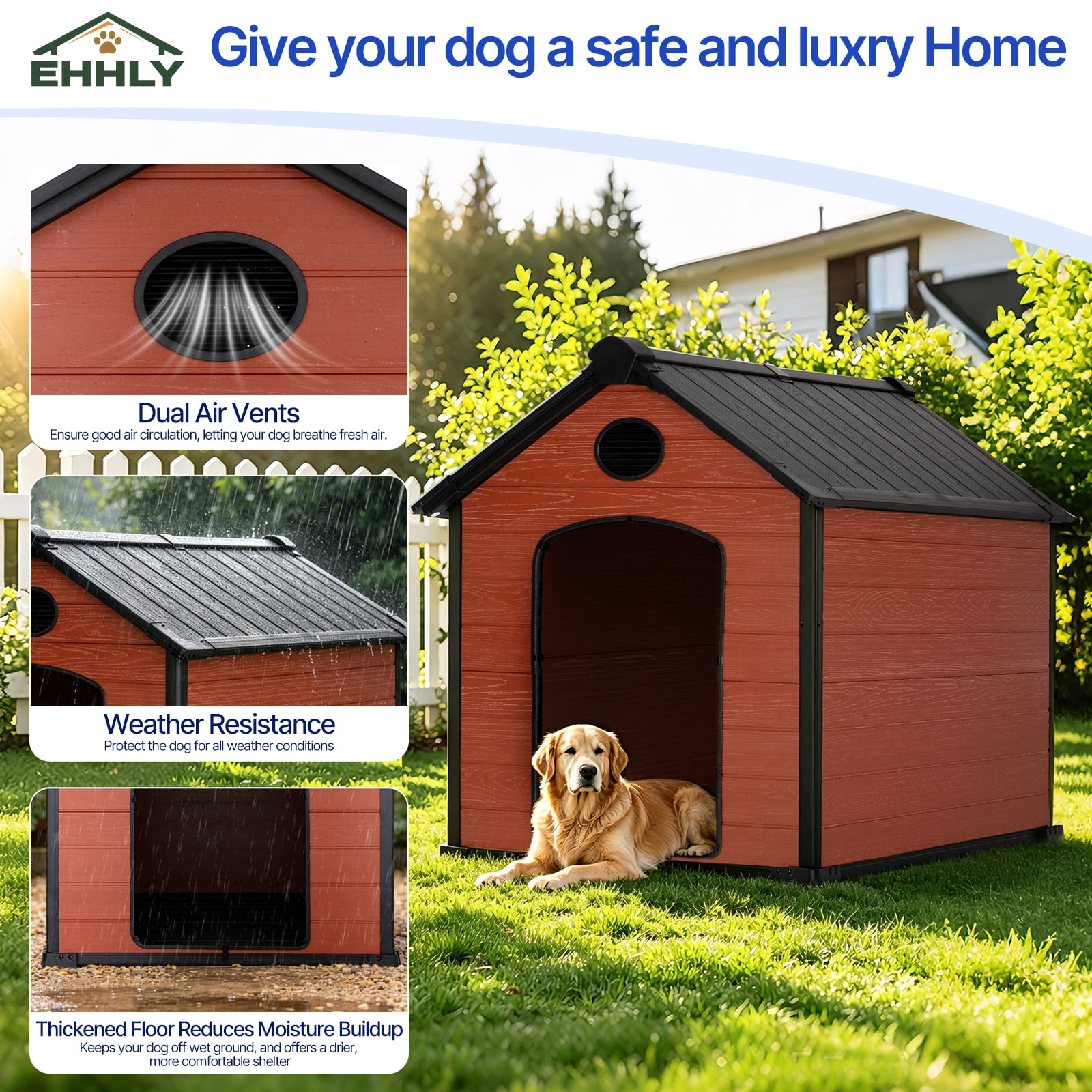 EHHLY 57" Extra Large Dog House Outdoor Weatherproof, 5XL Big Dog House for 2 Large Dogs Outside, Insulated Igloo Pet House with Elevated Floor, Extra Durable Resin Plastic, 4052XL,Rustic Brown,