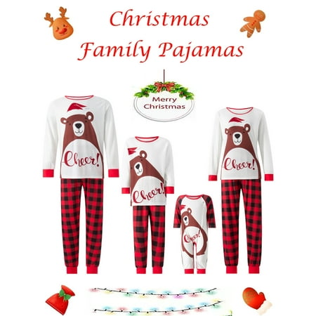 

Christmas Family Matching Pajamas Set Long Sleeve Cartoon Bear Print Tops with Plaid Pants Xmas Holiday Sleepwear Lounge Set