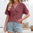 thumbnail image 2 of yunLCZ Casual Tops Discounted Women's Solid Color Button Loose V Neck Short Sleeved Cardigan Top Summer short sleeve loose fit tunics, 2 of 7